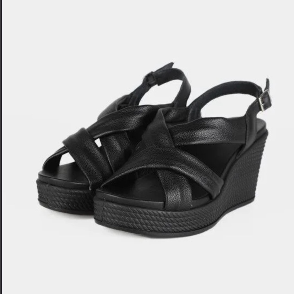 Leather Black Wedge Sandals NIB